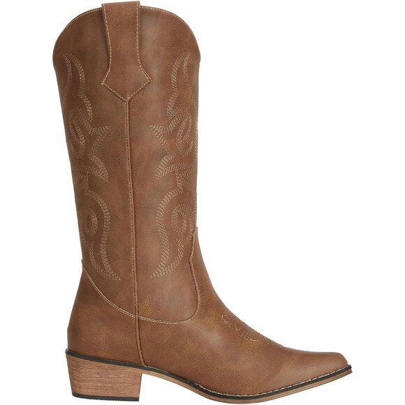 Women's Cowboy Brown Boots Wide Calf Cowgirl Western Fashion Snip Toe Boots - Picture 5 of 7